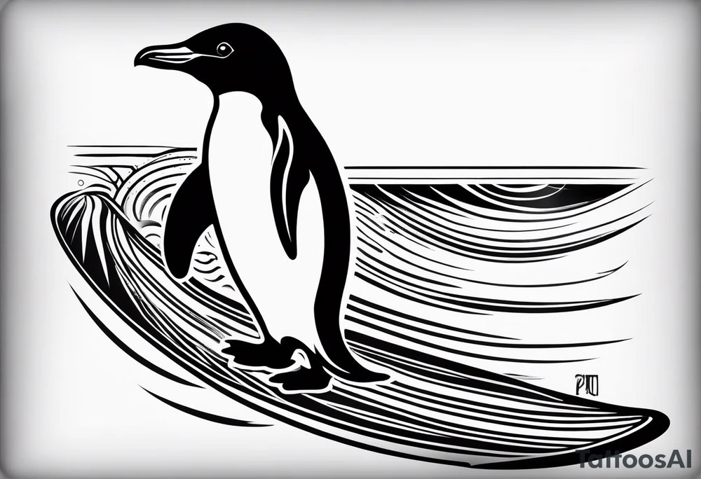 Surfboard outline with a penguin inside and the dat 25/07 tattoo idea