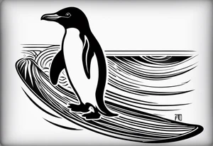 Surfboard outline with a penguin inside and the dat 25/07 tattoo idea