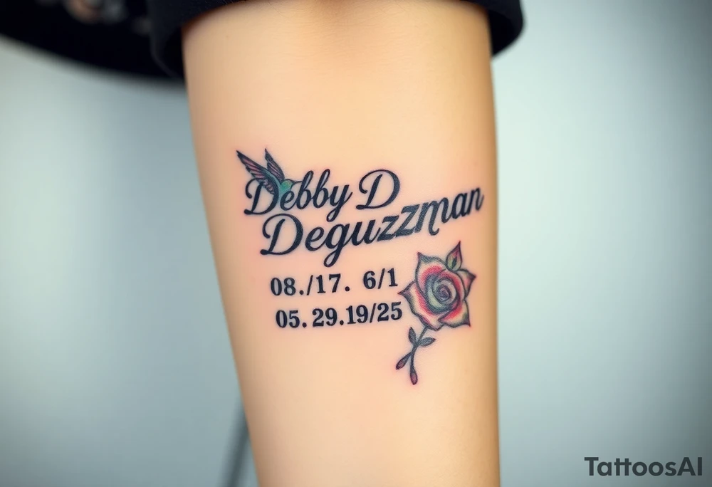 Tattoo of the exact name Debby Deguzman in chunky curly cursive with the exact dates of 08/17/61-05/29/25 surrounded by 1 hummingbird and 1 rose tattoo idea