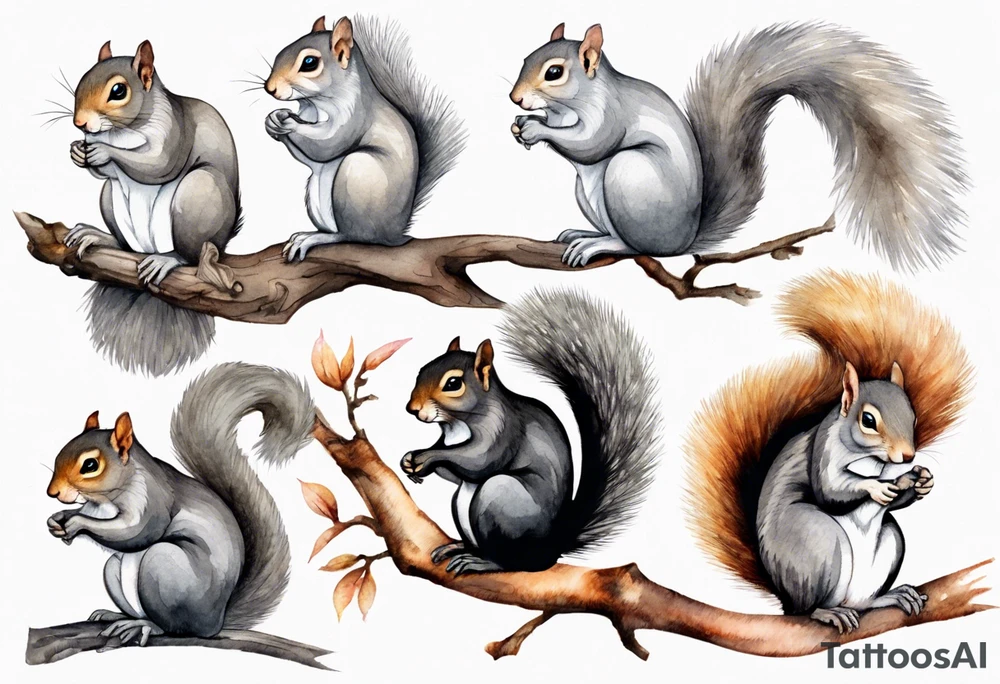 an elderly grey squirrel with a long beard wearing a black robe, meditating on a tree branch tattoo idea