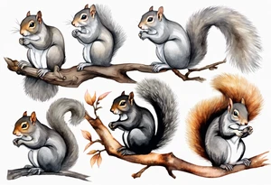 an elderly grey squirrel with a long beard wearing a black robe, meditating on a tree branch tattoo idea