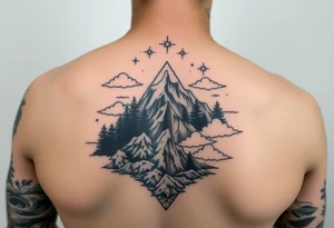 powerful ocean and forrest with rainy clouds with lighting sleeve for arm and stars and clouds tattoo idea