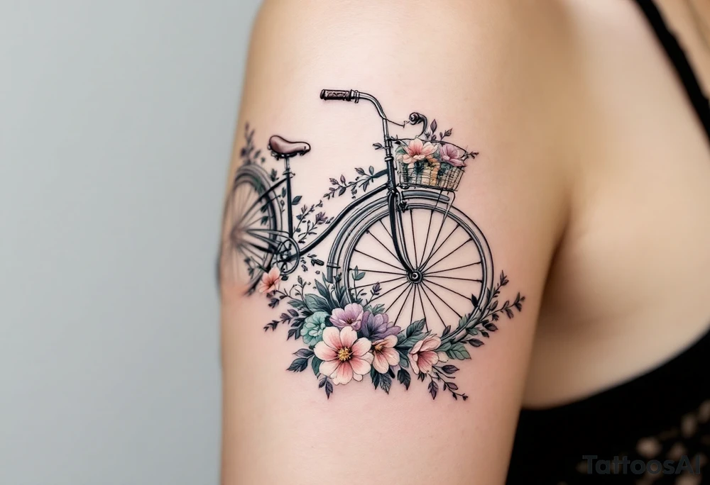 A vintage bicycle with intricate floral designs on the frame, in soft pastels (light pink, mint green, and lavender), symbolizing freedom and adventure. tattoo idea