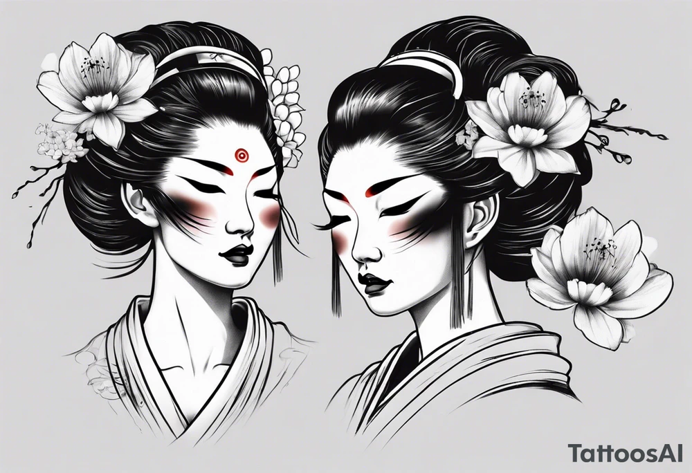 geisha face with two eyes closed and third realistic eye wide open tattoo idea