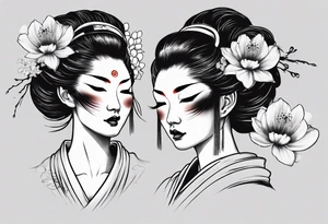 geisha face with two eyes closed and third realistic eye wide open tattoo idea