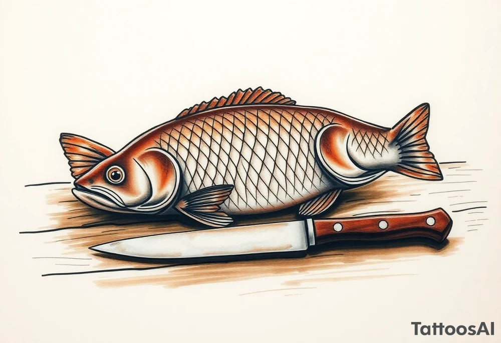 A carp resting on a wooden table with a sharp knife nearby, symbolizing the Czech Christmas tradition, in muted browns and soft golden tones. tattoo idea