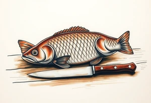 A carp resting on a wooden table with a sharp knife nearby, symbolizing the Czech Christmas tradition, in muted browns and soft golden tones. tattoo idea