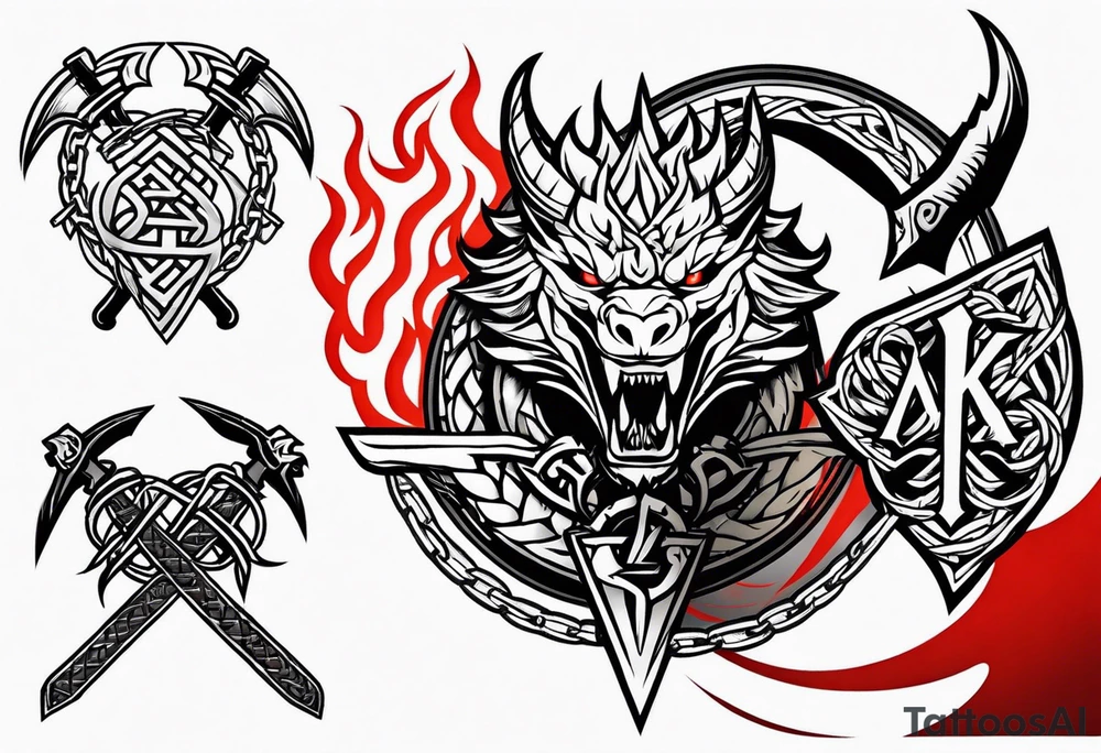 Valhalla sword shield dragon axe Valknut barbed wire chains fire tattoo idea Valhalla sword shield dragon axe Valknut barbed wire chains fire tattoo idea