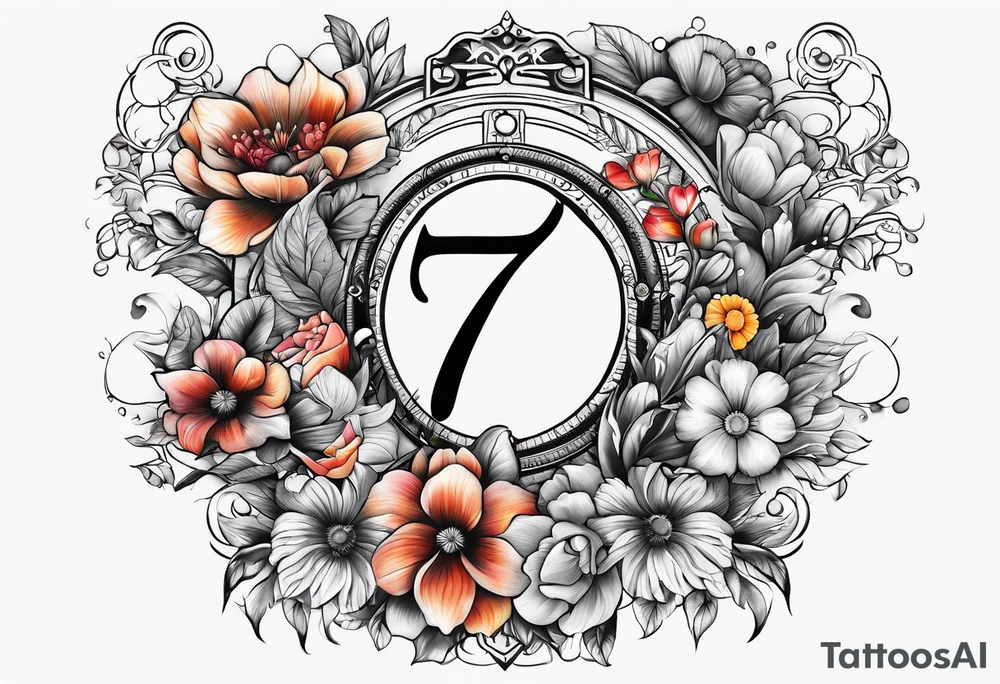 The number seven surrounded by colorful flowers tattoo idea