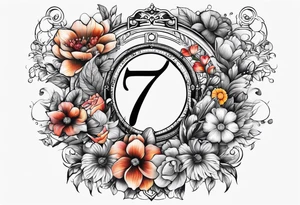 The number seven surrounded by colorful flowers tattoo idea