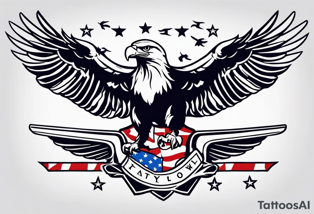 eagle flying in front of aircraft carrier holding American flag in beak tattoo idea