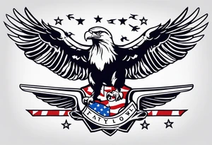 eagle flying in front of aircraft carrier holding American flag in beak tattoo idea