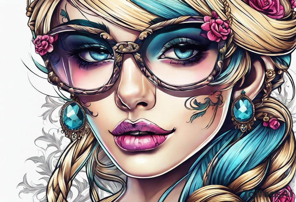 feminine skull and cross bones with hair in two blonde pigtails tattoo idea