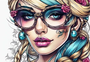 feminine skull and cross bones with hair in two blonde pigtails tattoo idea