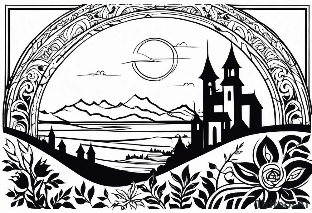 medieval tribal city 
floral  land  vignette tattoo idea