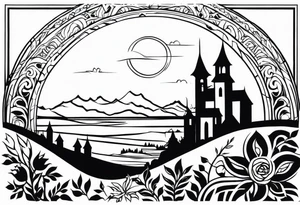 medieval tribal city 
floral  land  vignette tattoo idea