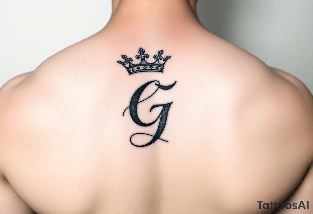 Capital G letter handwritten script with a crown tilted to the left on the front right shoulder tattoo idea