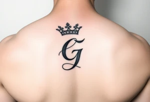 Capital G letter handwritten script with a crown tilted to the left on the front right shoulder tattoo idea