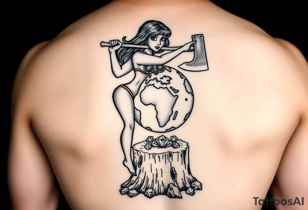 a pin up girl that is naked and has very large breasts wearing a g string thong. the pin up girl is swinging an ax onto a earth globe. the earth globe is being compressed by the axe and is flattened slightly and not round, the earth globe is located on top of a tree stump, there is a pile of diamonds below the tree stump tattoo idea