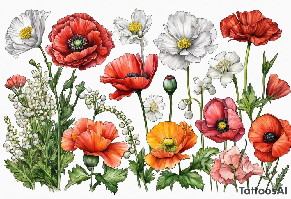 Carnation, primrose, daisy, daisy, lily of the valley, poppy, poppy, poppy, aster, norcissus together tattoo idea