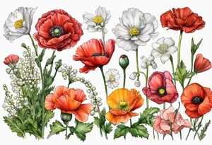 Carnation, primrose, daisy, daisy, lily of the valley, poppy, poppy, poppy, aster, norcissus together tattoo idea