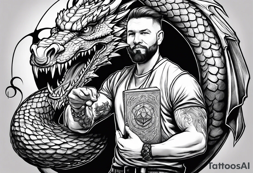 Dungeon Master holding a D20 surrounded by a dragon tattoo idea