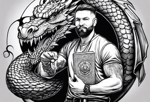 Dungeon Master holding a D20 surrounded by a dragon tattoo idea