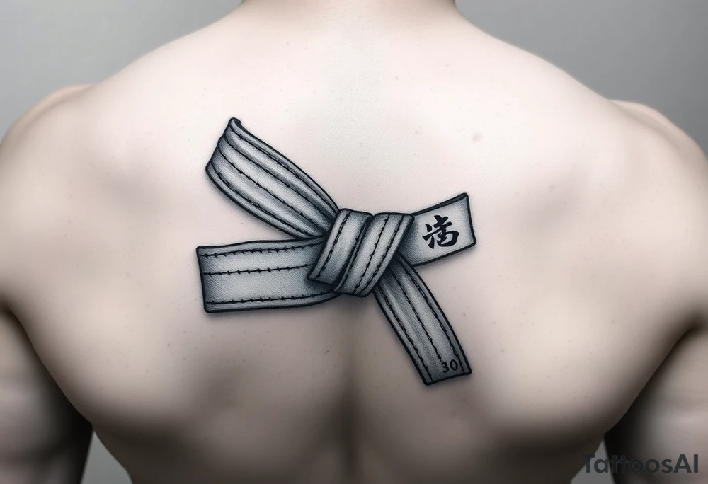 A realistic black and gray tattoo of a Brazilian Jiu-Jitsu black belt wrapping around the wrist like a bracelet. The belt is tied in a knot with one end showing the number 30 and the other showing 24. On the flat end of the belt, two Japanese kanji characters are inked in white: 成長 (growth) and 忍耐 (perseverance). The belt has subtle stitch marks and worn, textured shading for a slightly distressed, authentic look. The style is clean, symbolic, and bold, designed to wrap naturally around the wrist like a wristband.” tattoo idea