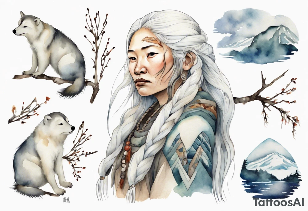 a solitary Inuit woman with long white hair holding onto a birch branch tattoo idea