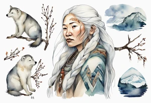 a solitary Inuit woman with long white hair holding onto a birch branch tattoo idea