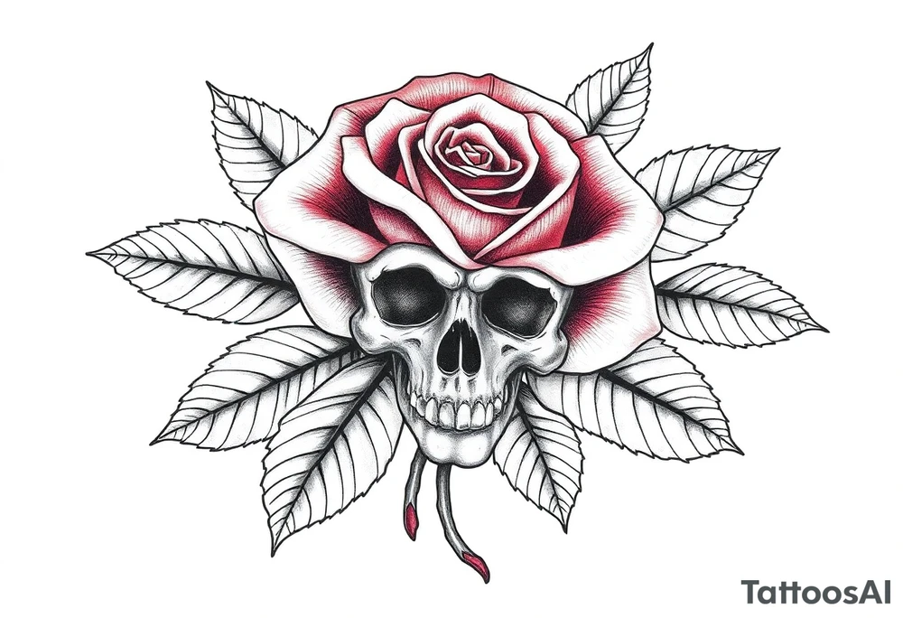 rose with parts of a skull in the leaves tattoo idea