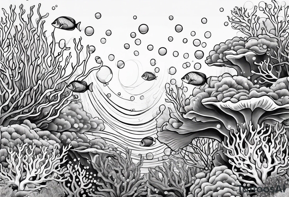 dark underwater coral reef with bubbles, flowing water lines tattoo idea