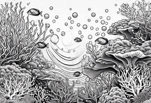 dark underwater coral reef with bubbles, flowing water lines tattoo idea