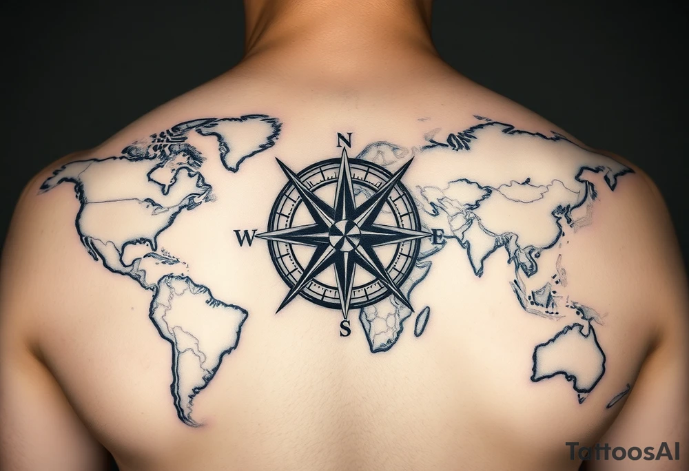 antique compass rose overlaid on weathered world map tattoo idea