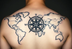 antique compass rose overlaid on weathered world map tattoo idea