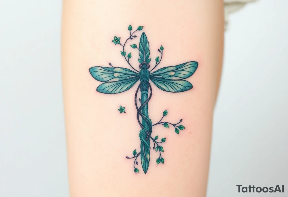 A cross made of twisting vines and flowers, with dragonfly-like wings in shades of teal and green tattoo idea