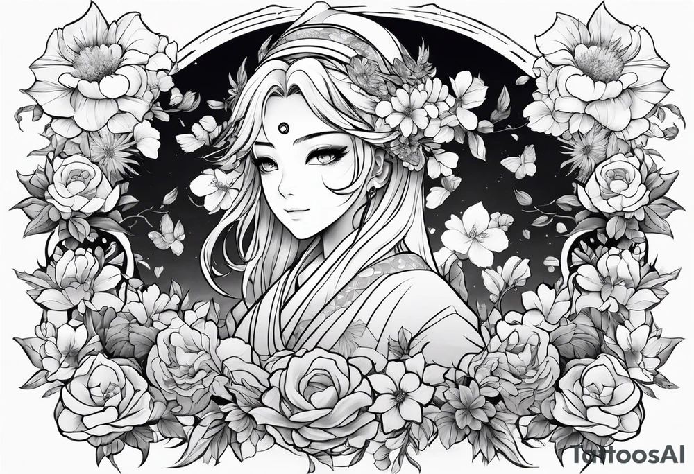 Anime ghost surrounded by flowers, forearm or wrist tattoo tattoo idea
