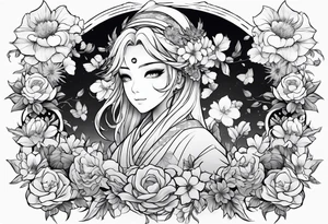 Anime ghost surrounded by flowers, forearm or wrist tattoo tattoo idea