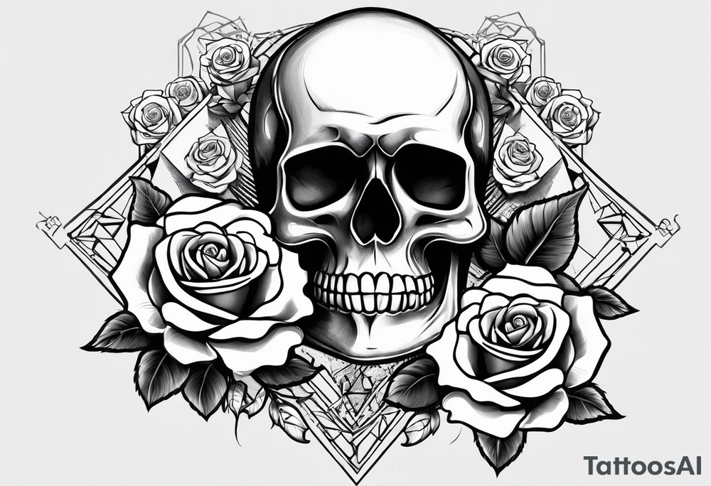 1 skull, 3 roses, metal music motives and a masonic symbol tattoo idea