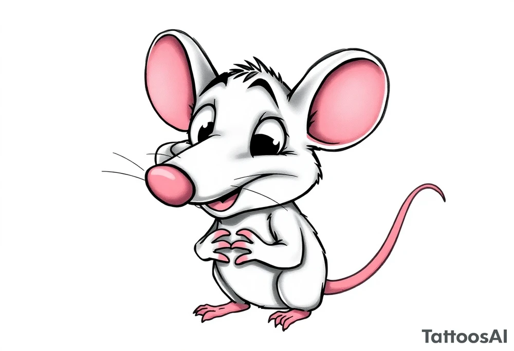 The image shows a cartoon rat with a long pointed nose, huge bulging eyes, and a cheeky, mischievous smile. The rat is grey with big pink ears and a thin pink tail visible on the right. Its little hands are held up close to its chest in a playful, sneaky pose. The expression makes the rat look funny, surprised, and a bit sly at the same time.

I want all his body..bigger nose, eyes poped out from the head + foots tattoo idea
