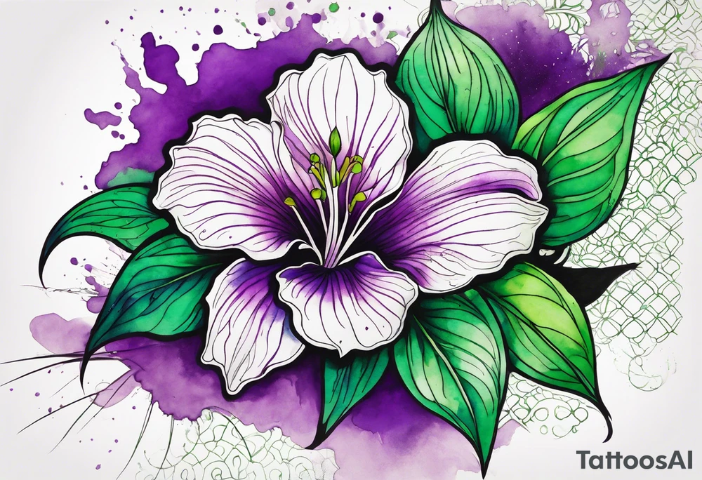A mystical outline of a green and purple rio dipladenia flower and a green and purple watercolor splash in the background tattoo idea