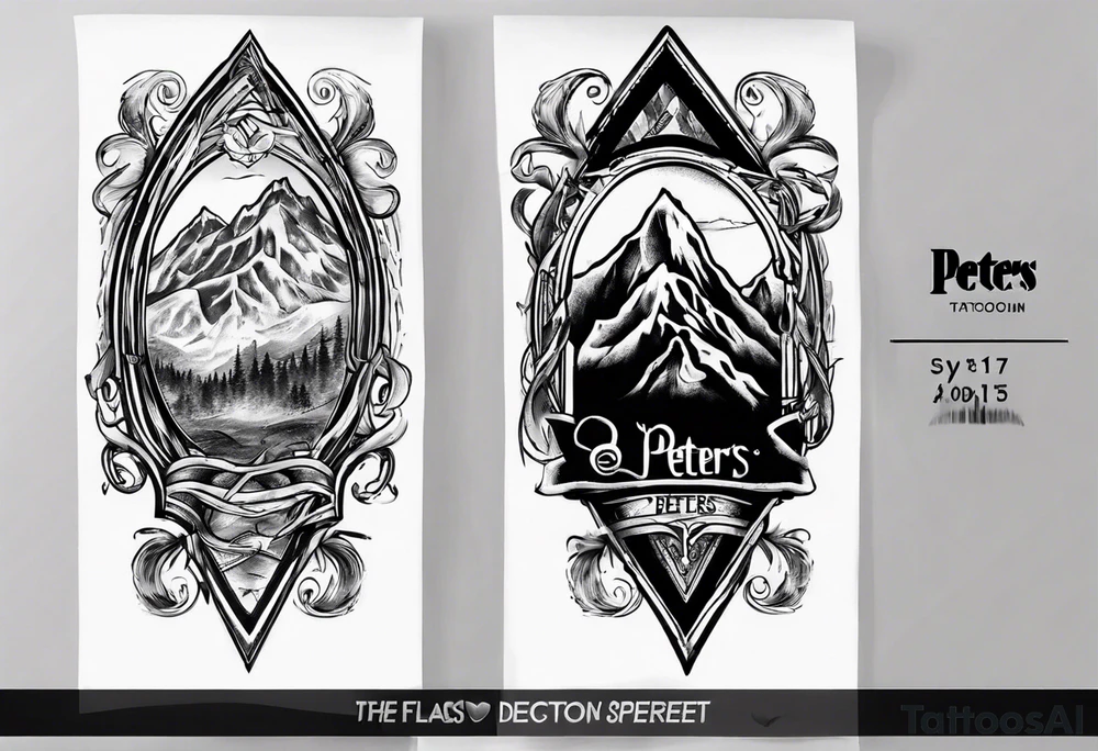 men’s arm sleeve, the name Peters, mountains tattoo idea
