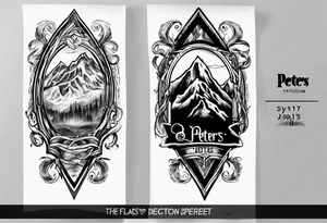 men’s arm sleeve, the name Peters, mountains tattoo idea