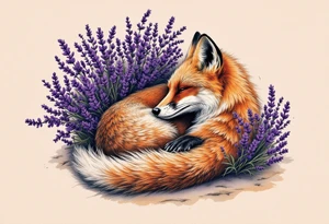 A fox curled up beneath a lavender bush, with warm orange tones contrasting the cool purple hues. tattoo idea