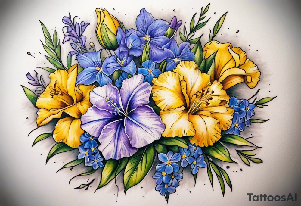 Bouquet tattoo tied with a ribbon With the following flowers on forearm. 
Carnations
Lilly’s 
Larkspur 
Morning glory 
Iris 
Yellow cedar
Yellow elder 
Forget me not 
Purple violets 
Lingum vitae 
Dogwood flower tattoo idea