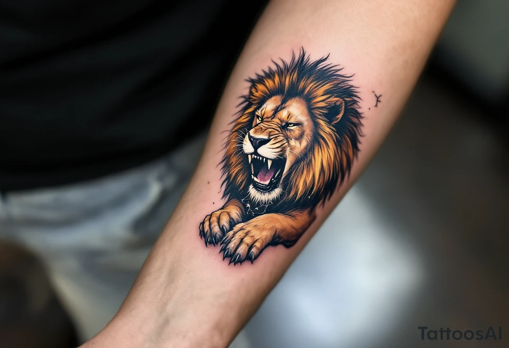 A roaring lion in shades of amber and black cradles the Leo constellation above its paw, traced in delicate white ink. tattoo idea