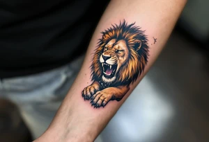 A roaring lion in shades of amber and black cradles the Leo constellation above its paw, traced in delicate white ink. tattoo idea