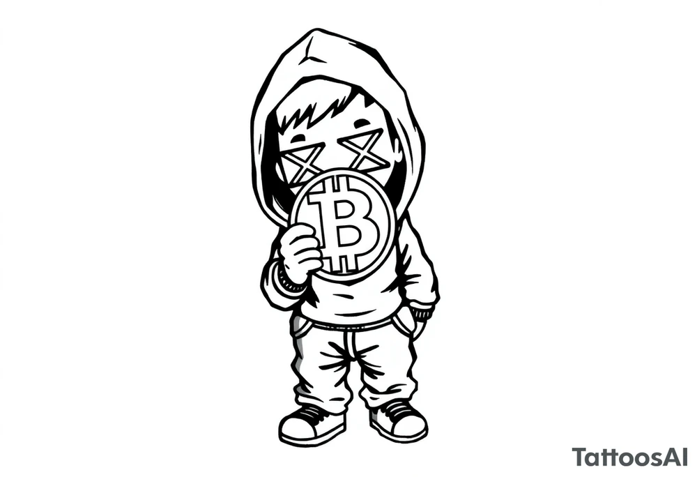 Create a custom tattoo stencil Use a street-art / pop-art vibe with a cartoon figure holding a bitcoin to cover his eyes have bold lines, “x” for eyes. make them have on a hoodie and jogger sweatpants tattoo idea