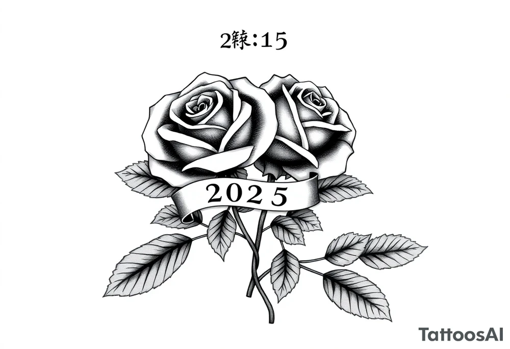 two beautiful large rose buds, one larger than the other, with many leaves and their stems intertwined, with one sitting higher than the other. Include a banner connecting the two roses with "2025" on it.  The word "Rose" written in Kanji above the drawing.  Use dark outlines with little shading. The two stems should be short, not long, and connect and join into one stem, whimsically curved or twisted - not straight down. tattoo idea