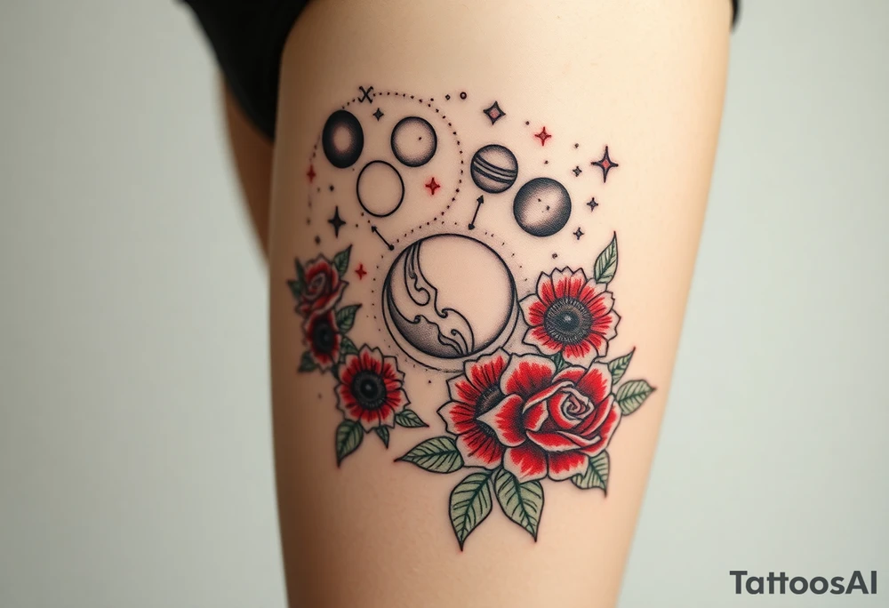 Milky way galaxy with planets with zodiac symbols and protection runes in it with red roses and sunflowers tattoo idea